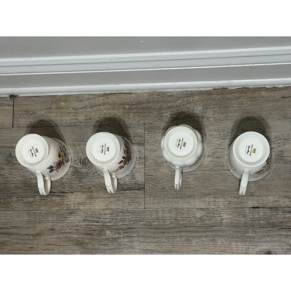 Vintage Set Of 4- Kings Court Coffee Cup Flower Mugs- India Fine Bone China